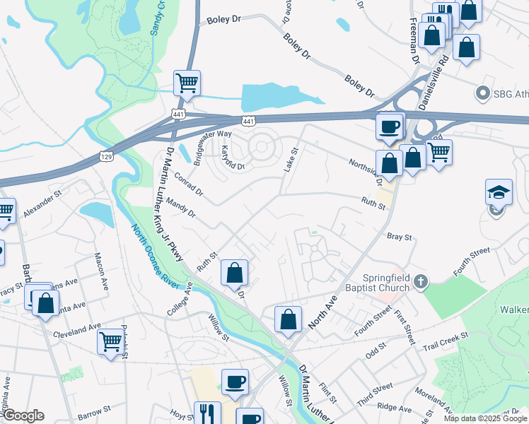 map of restaurants, bars, coffee shops, grocery stores, and more near 380 Ruth Street in Athens