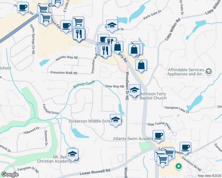 map of restaurants, bars, coffee shops, grocery stores, and more near 958 Otter Way Northeast in Marietta