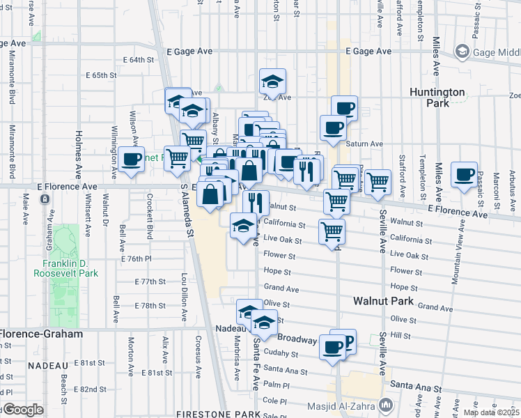 map of restaurants, bars, coffee shops, grocery stores, and more near 7300 Santa Fe Avenue in Huntington Park