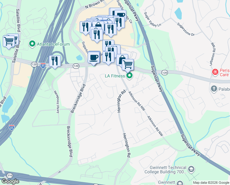 map of restaurants, bars, coffee shops, grocery stores, and more near 1885 Stoneoak Circle in Lawrenceville