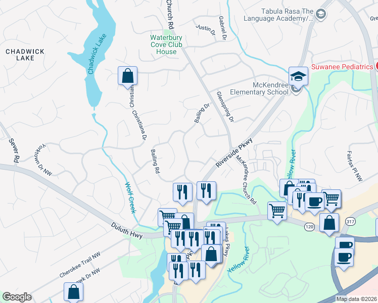 map of restaurants, bars, coffee shops, grocery stores, and more near 1241 Bailing Drive in Lawrenceville