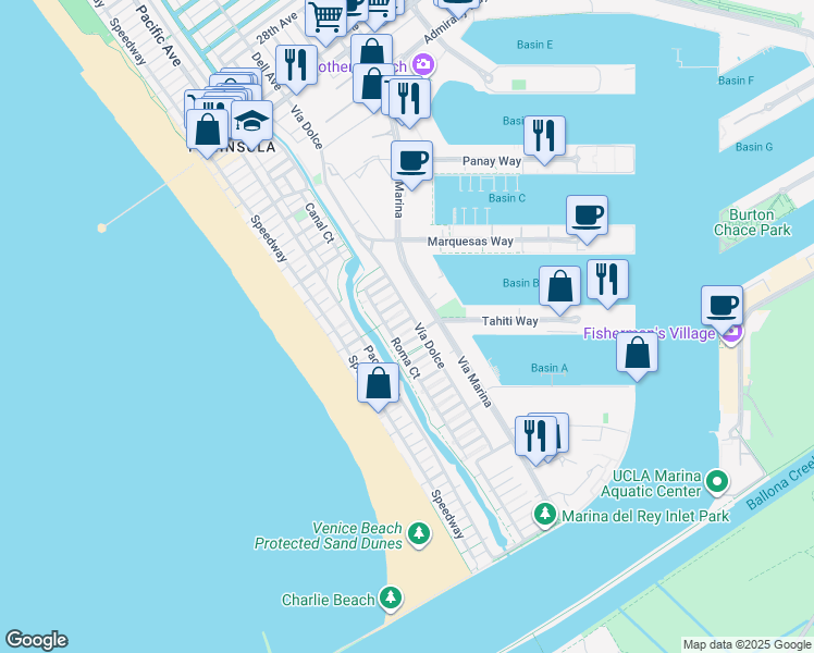 map of restaurants, bars, coffee shops, grocery stores, and more near 131 Mast Mall in Marina del Rey