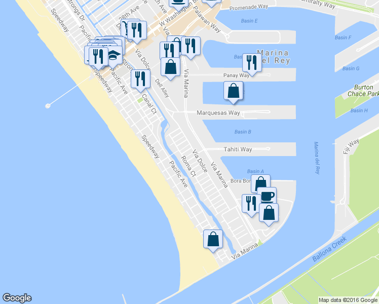 map of restaurants, bars, coffee shops, grocery stores, and more near 131 Mast Mall in Marina del Rey