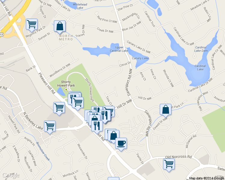 map of restaurants, bars, coffee shops, grocery stores, and more near 3567 Randy Place Northwest in Duluth