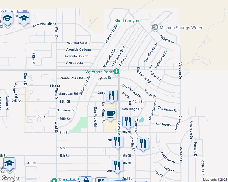 map of restaurants, bars, coffee shops, grocery stores, and more near 66472 San Juan Road in Desert Hot Springs