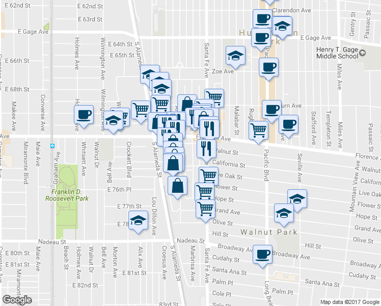 map of restaurants, bars, coffee shops, grocery stores, and more near 7305 Marbrisa Avenue in Huntington Park