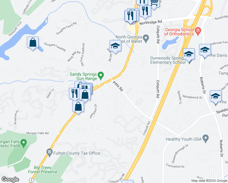 map of restaurants, bars, coffee shops, grocery stores, and more near 7917 Roswell Road in Sandy Springs