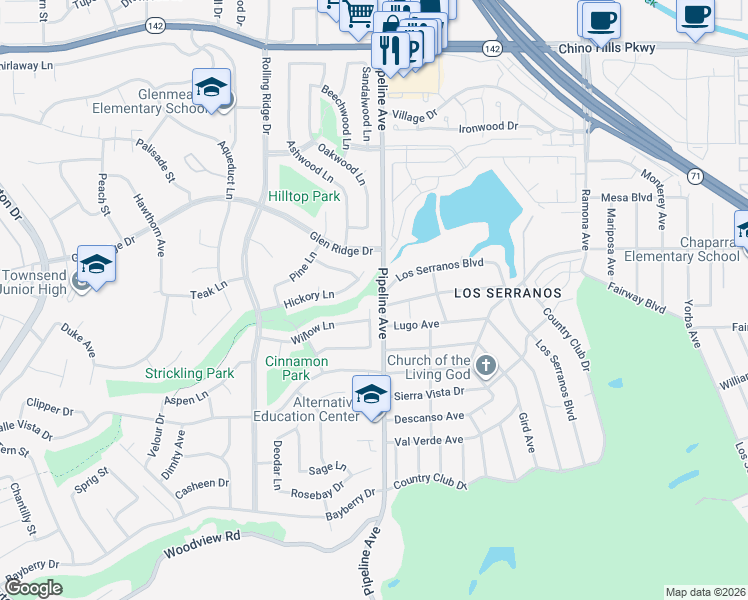 map of restaurants, bars, coffee shops, grocery stores, and more near 15407 Elm Lane in Chino Hills