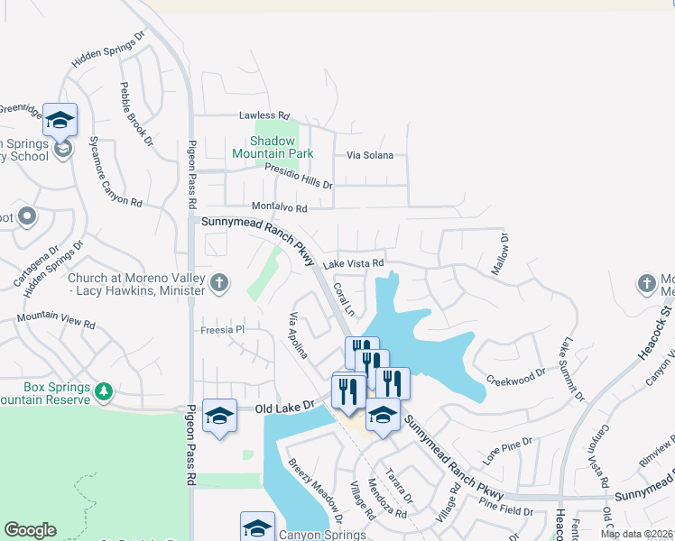 map of restaurants, bars, coffee shops, grocery stores, and more near 23406 Mariner Way in Moreno Valley