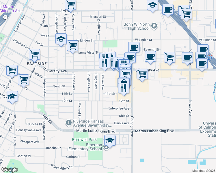 map of restaurants, bars, coffee shops, grocery stores, and more near 1886 Tenth Street in Riverside