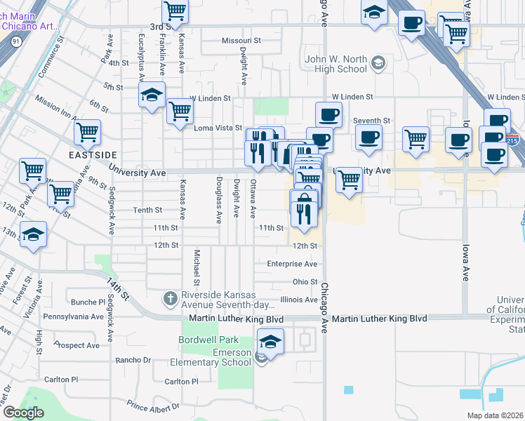 map of restaurants, bars, coffee shops, grocery stores, and more near 1886 Tenth Street in Riverside