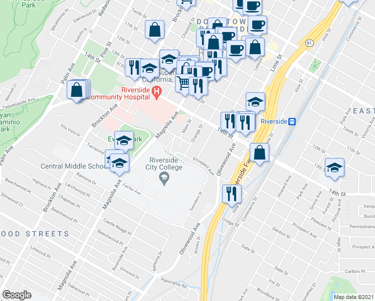 map of restaurants, bars, coffee shops, grocery stores, and more near 3633 Prospect Avenue in Riverside