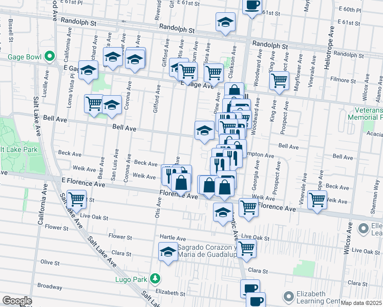 map of restaurants, bars, coffee shops, grocery stores, and more near 6839 Flora Avenue in Bell