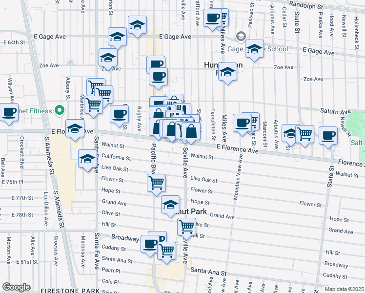 map of restaurants, bars, coffee shops, grocery stores, and more near 7217 Seville Avenue in Huntington Park