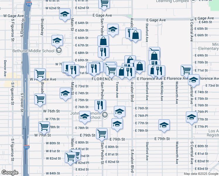 map of restaurants, bars, coffee shops, grocery stores, and more near 314 East 73rd Street in Los Angeles