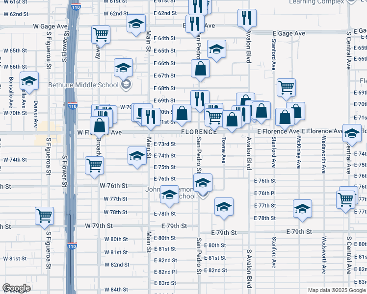 map of restaurants, bars, coffee shops, grocery stores, and more near 236 East 73rd Street in Los Angeles