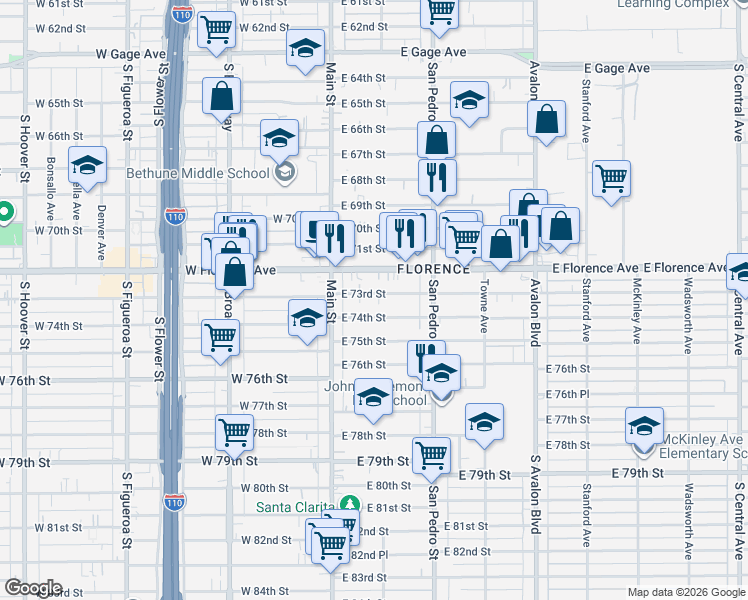map of restaurants, bars, coffee shops, grocery stores, and more near 158 East 73rd Street in Los Angeles