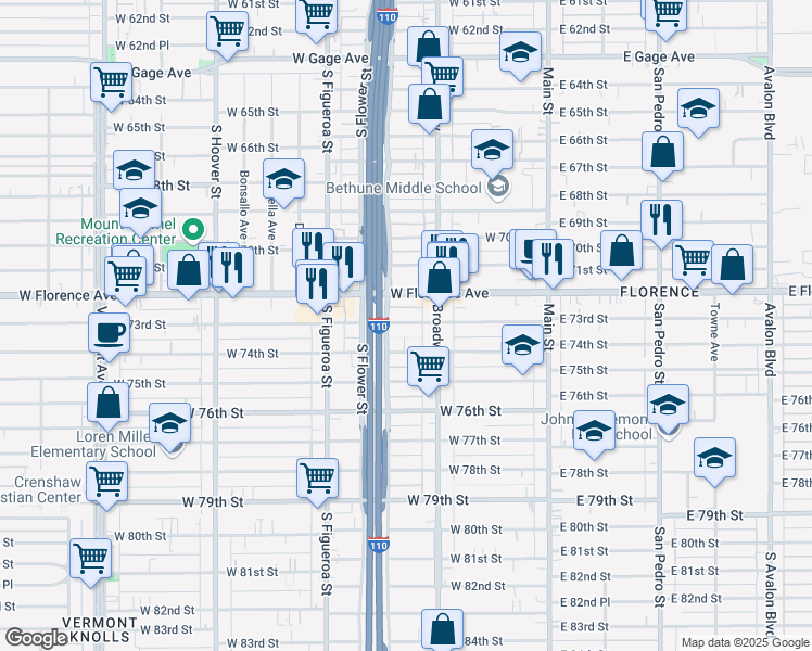 map of restaurants, bars, coffee shops, grocery stores, and more near 334 West 73rd Street in Los Angeles