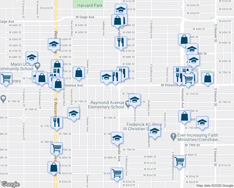 map of restaurants, bars, coffee shops, grocery stores, and more near 7303 Normandie Avenue in Los Angeles