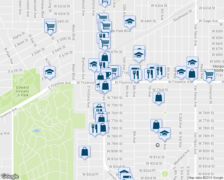 map of restaurants, bars, coffee shops, grocery stores, and more near 3210 West 73rd Street in Los Angeles