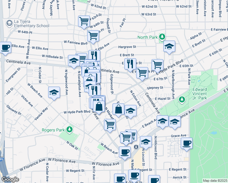 map of restaurants, bars, coffee shops, grocery stores, and more near 700 Edgewood Street in Inglewood