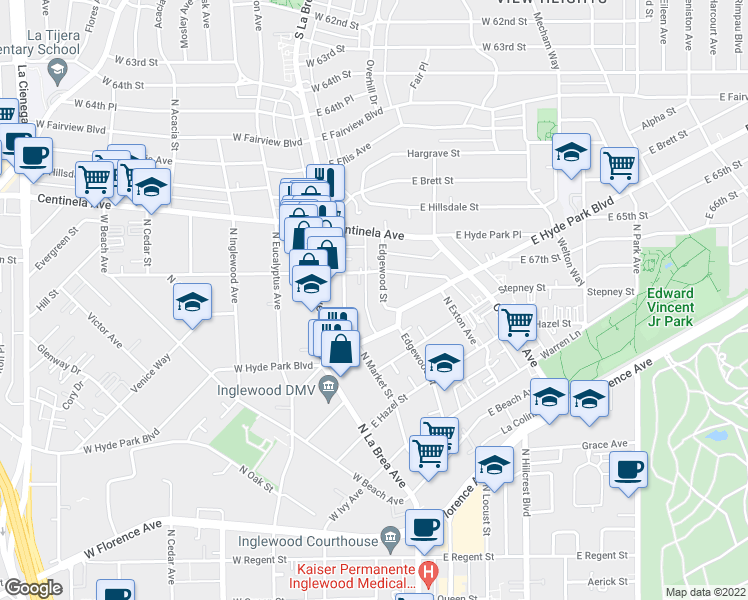 map of restaurants, bars, coffee shops, grocery stores, and more near 804 North Market Street in Inglewood