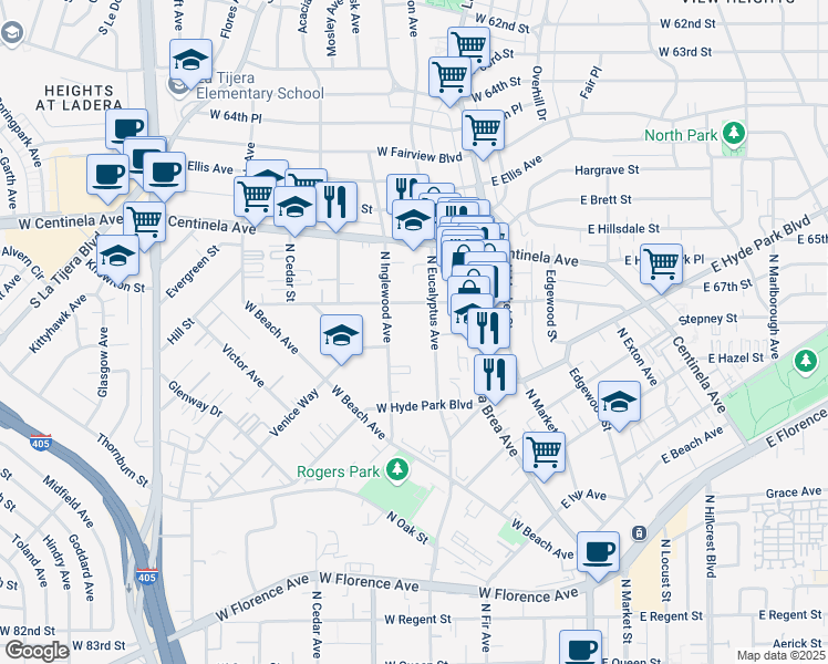 map of restaurants, bars, coffee shops, grocery stores, and more near 811 North Eucalyptus Avenue in Inglewood