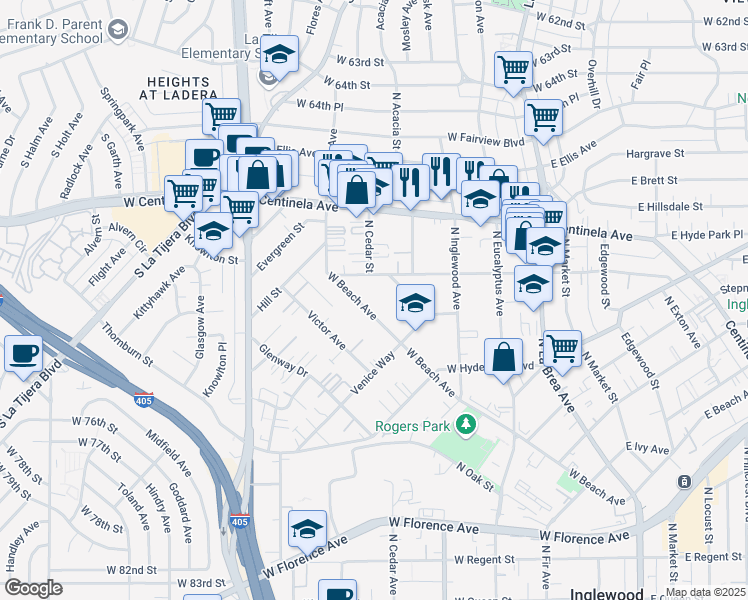 map of restaurants, bars, coffee shops, grocery stores, and more near 849 West Beach Avenue in Inglewood