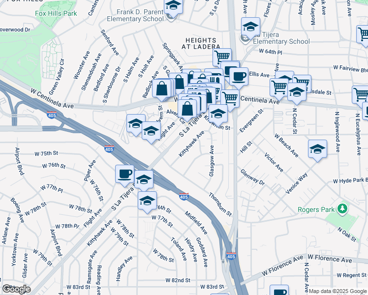 map of restaurants, bars, coffee shops, grocery stores, and more near 7030 Kittyhawk Avenue in Los Angeles