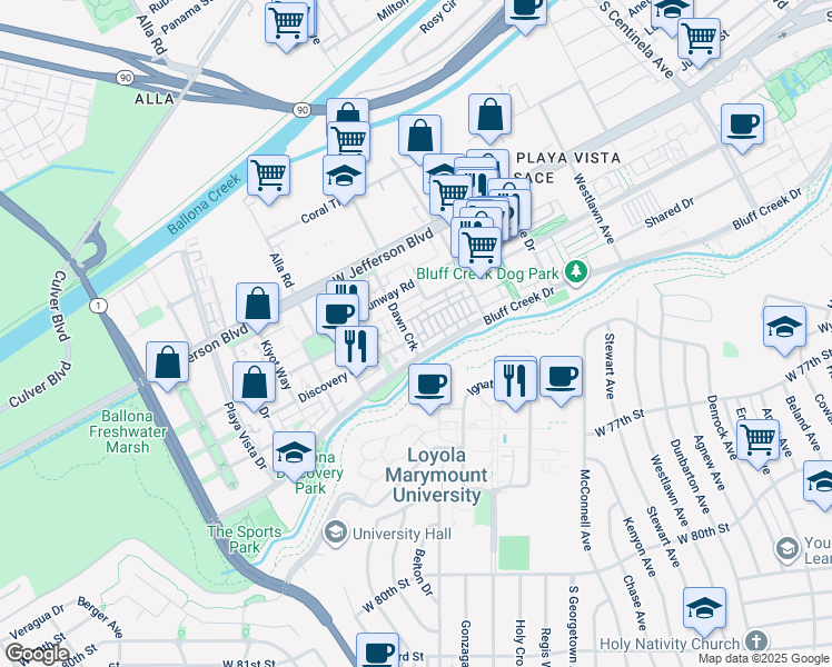 map of restaurants, bars, coffee shops, grocery stores, and more near 12864 North Seaglass Circle in Los Angeles