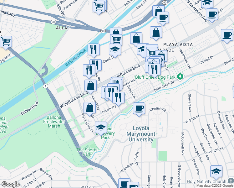 map of restaurants, bars, coffee shops, grocery stores, and more near 6020 South Seabluff Drive in Los Angeles