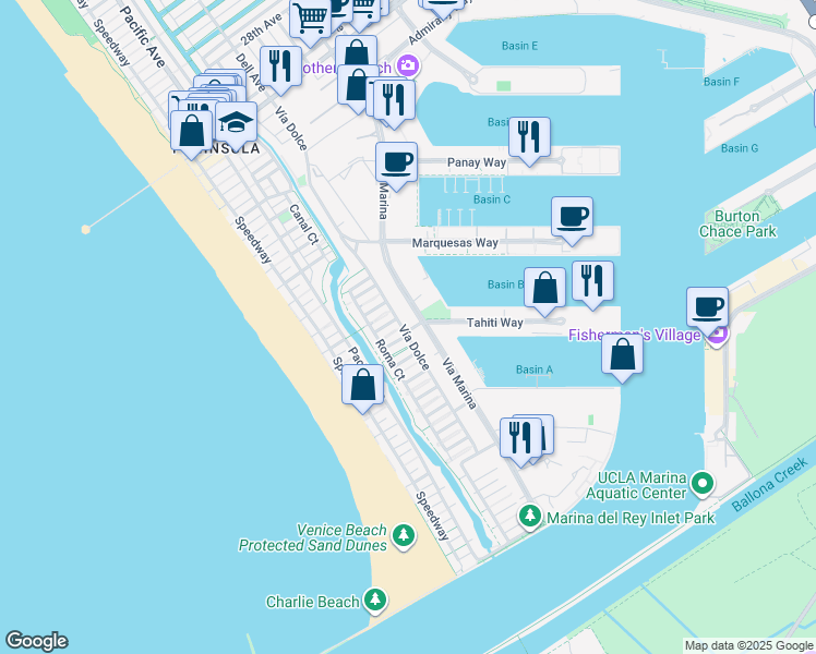 map of restaurants, bars, coffee shops, grocery stores, and more near 4350 Tahiti Way in Marina del Rey