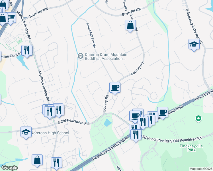 map of restaurants, bars, coffee shops, grocery stores, and more near 4897 Lou Ivy Road in Duluth
