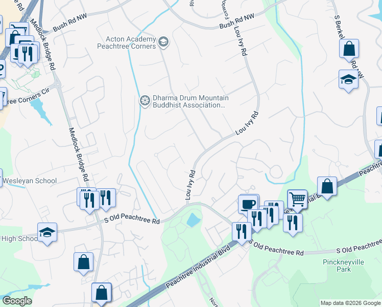 map of restaurants, bars, coffee shops, grocery stores, and more near 4891 Lou Ivy Road in Duluth