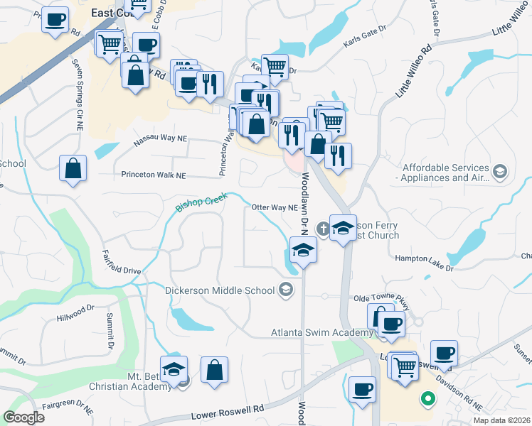map of restaurants, bars, coffee shops, grocery stores, and more near 958 Otter Way Northeast in Marietta