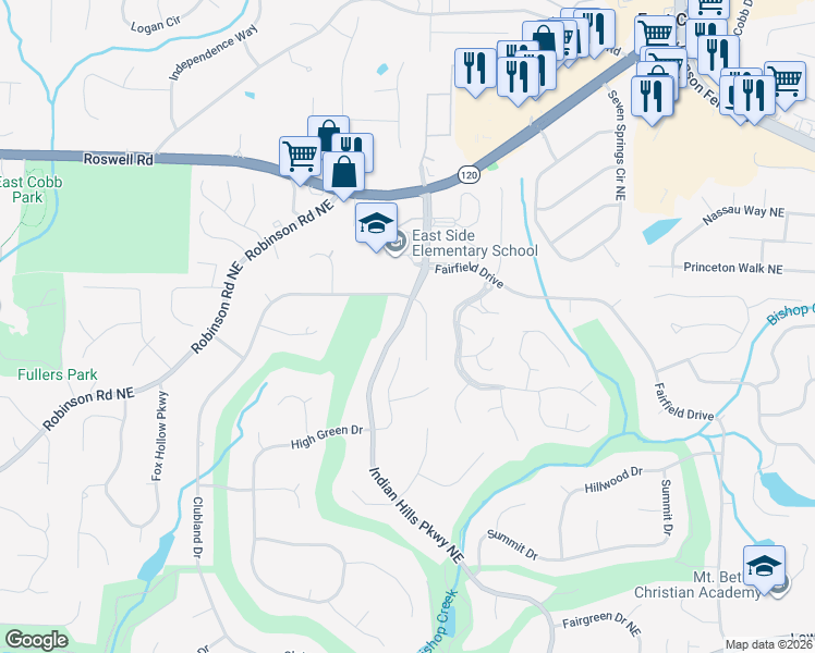 map of restaurants, bars, coffee shops, grocery stores, and more near 850 Indian Hills Parkway Northeast in Marietta