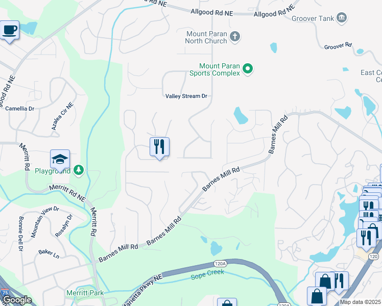 map of restaurants, bars, coffee shops, grocery stores, and more near 936 Rockcrest Court in Marietta