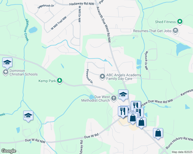 map of restaurants, bars, coffee shops, grocery stores, and more near 4111 Pine Log Drive in Marietta
