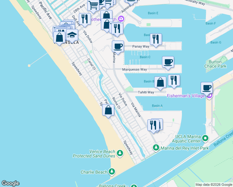 map of restaurants, bars, coffee shops, grocery stores, and more near 131 Mast Mall in Marina del Rey
