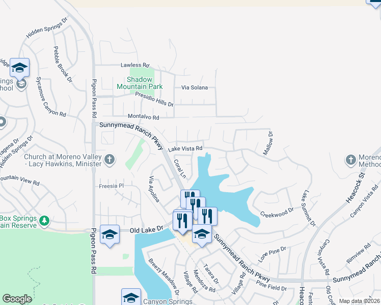 map of restaurants, bars, coffee shops, grocery stores, and more near 23496 Mariner Way in Moreno Valley