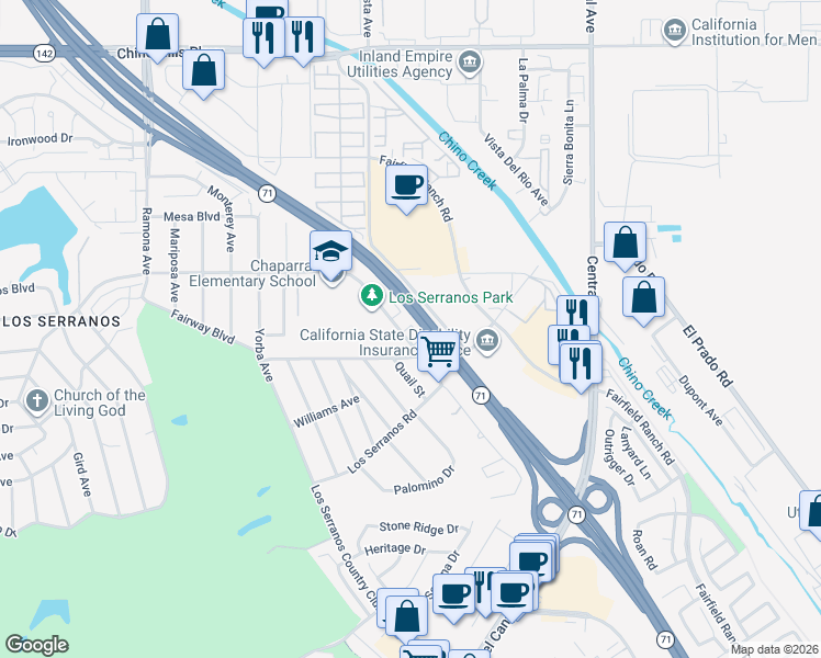 map of restaurants, bars, coffee shops, grocery stores, and more near 15447 Pomona Rincon Road in Chino Hills