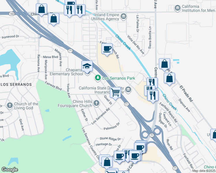map of restaurants, bars, coffee shops, grocery stores, and more near 15447 Pomona Rincon Road in Chino Hills