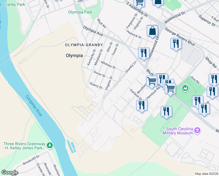 map of restaurants, bars, coffee shops, grocery stores, and more near 450 Virginia Street in Columbia