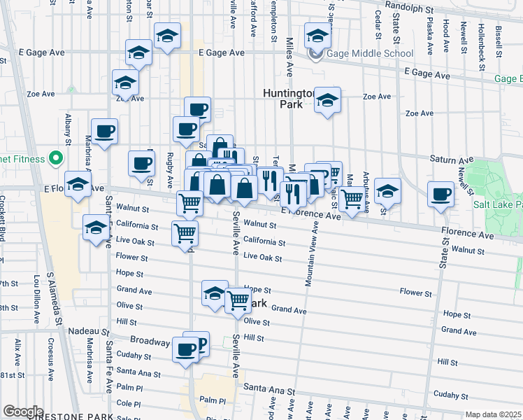map of restaurants, bars, coffee shops, grocery stores, and more near 2756 East Florence Avenue in Huntington Park