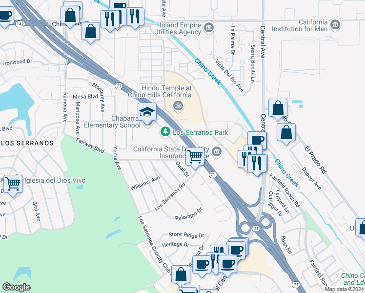 map of restaurants, bars, coffee shops, grocery stores, and more near 15447 Pomona Rincon Road in Chino Hills