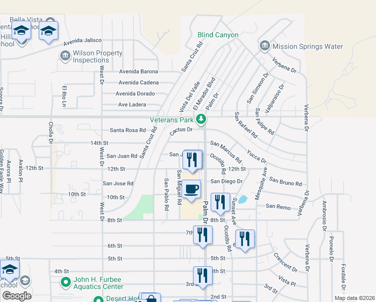 map of restaurants, bars, coffee shops, grocery stores, and more near 66424 San Juan Road in Desert Hot Springs