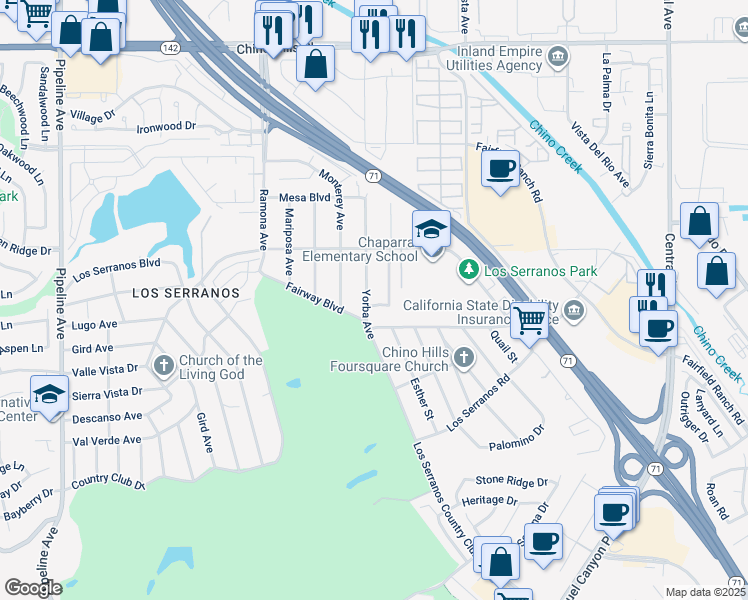 map of restaurants, bars, coffee shops, grocery stores, and more near 4718 El Molino Lane in Chino Hills