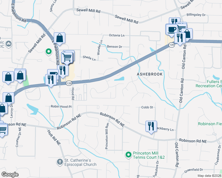 map of restaurants, bars, coffee shops, grocery stores, and more near 992 Bridgegate Drive Northeast in Marietta