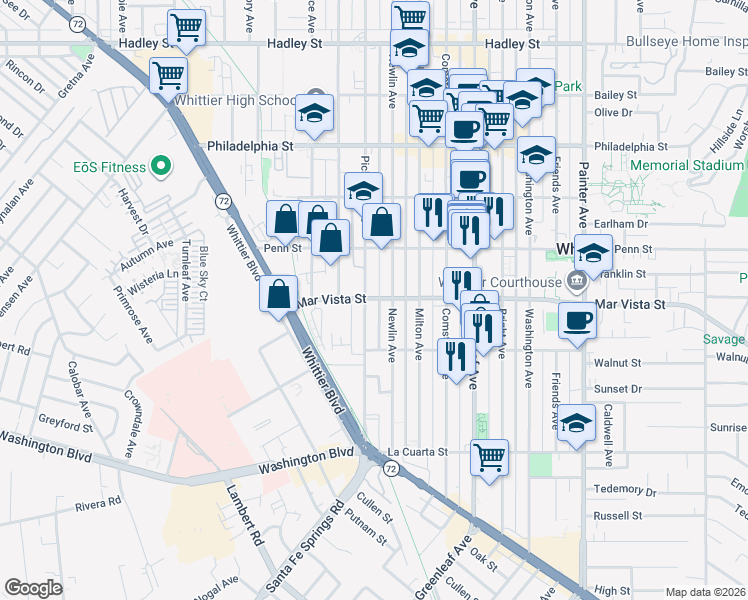map of restaurants, bars, coffee shops, grocery stores, and more near 7614 Pickering Avenue in Whittier