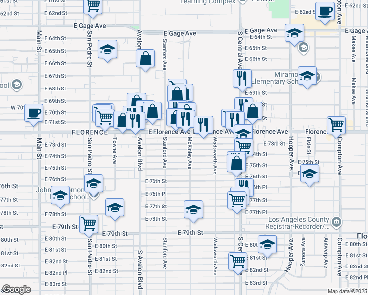 map of restaurants, bars, coffee shops, grocery stores, and more near 740 East 73rd Street in Los Angeles